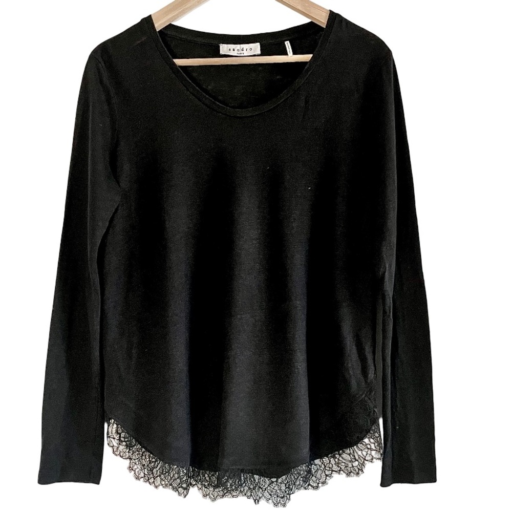 Sandro Paris Black Linen Lace Blouse – Romantic Long Sleeve Top Size L